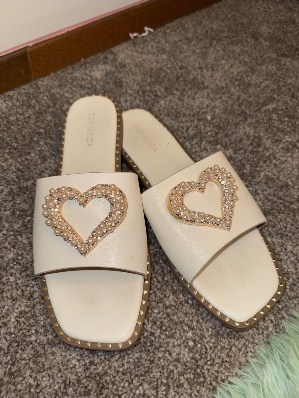 Miss Lola Cream Slide Mules with Pearl Heart Accent